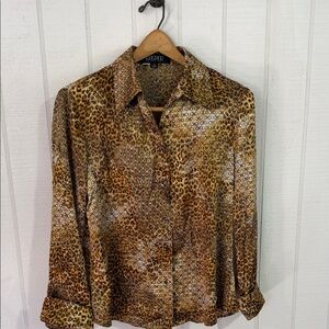 Kasper 100% Silk Animal Print Button-Up Blouse French Cuff